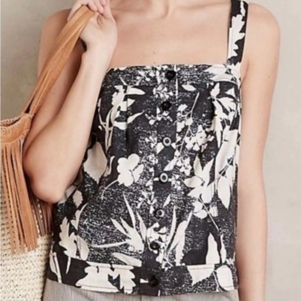 Anthro HD In Paris Laurel Sz 2 Tank Top 31” Bust Floral‎ Button Sleeveless Linen